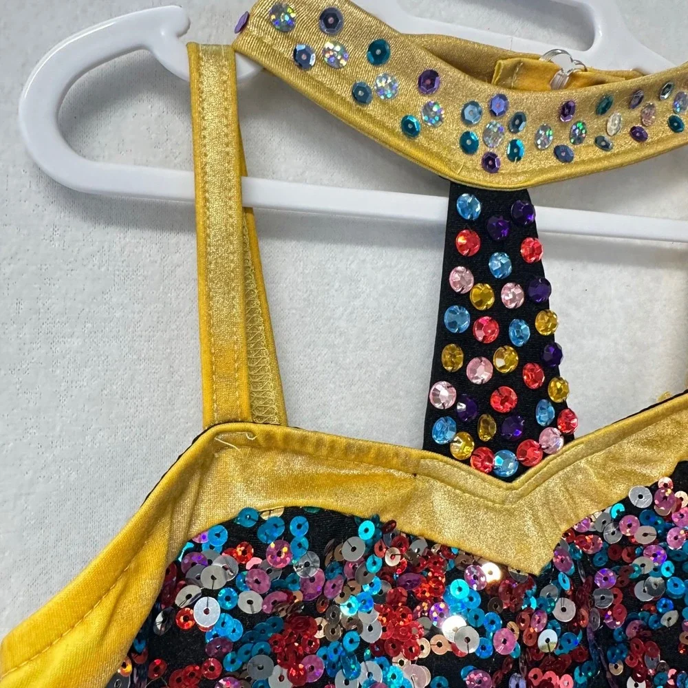 Glamour Costumes Dance Leotard Kids LC Colorful Sequin Fringe Halter T-Strap VTG